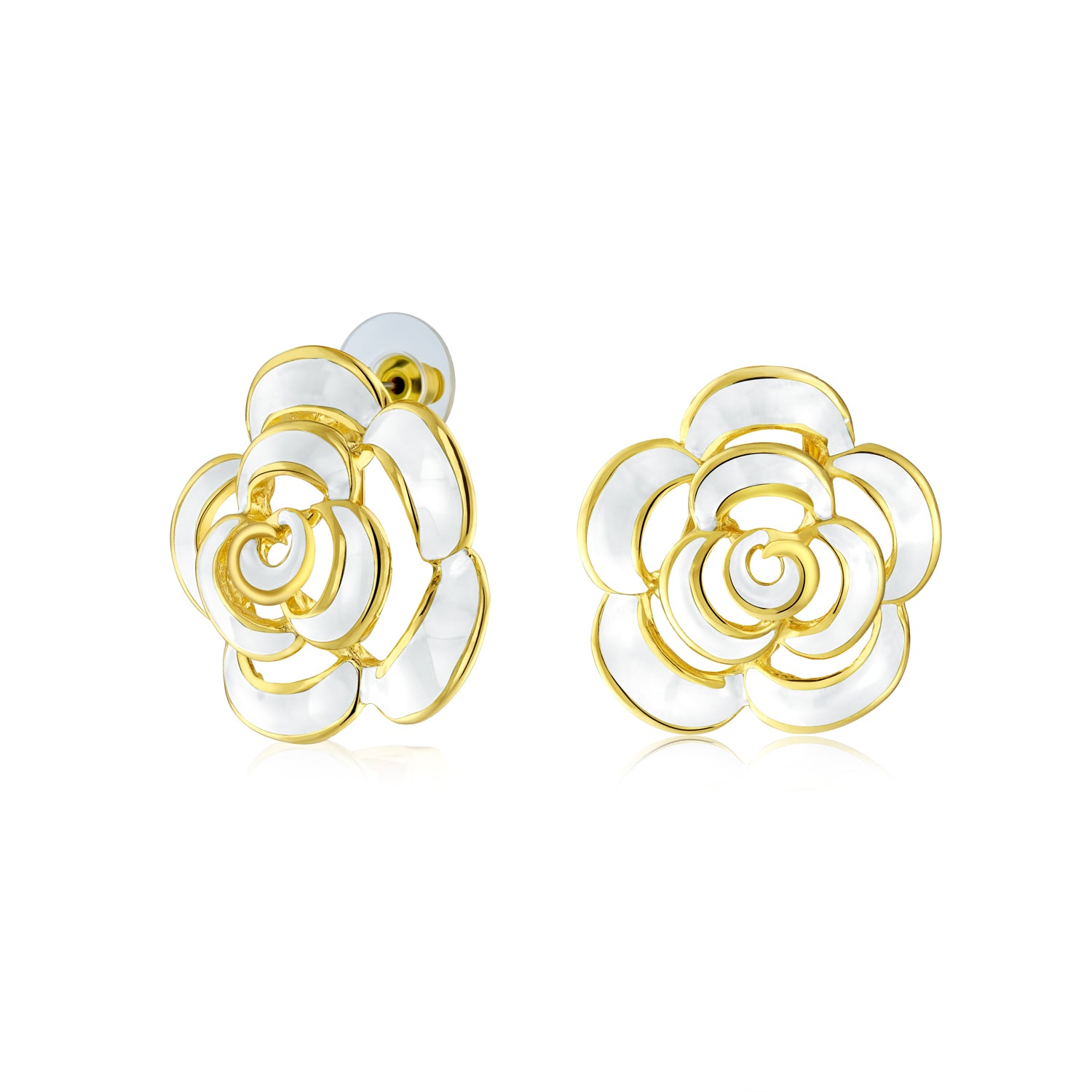 Enamel 3D White Rose Flower Stud Earrings Button Style 14K Yellow Gold Plated