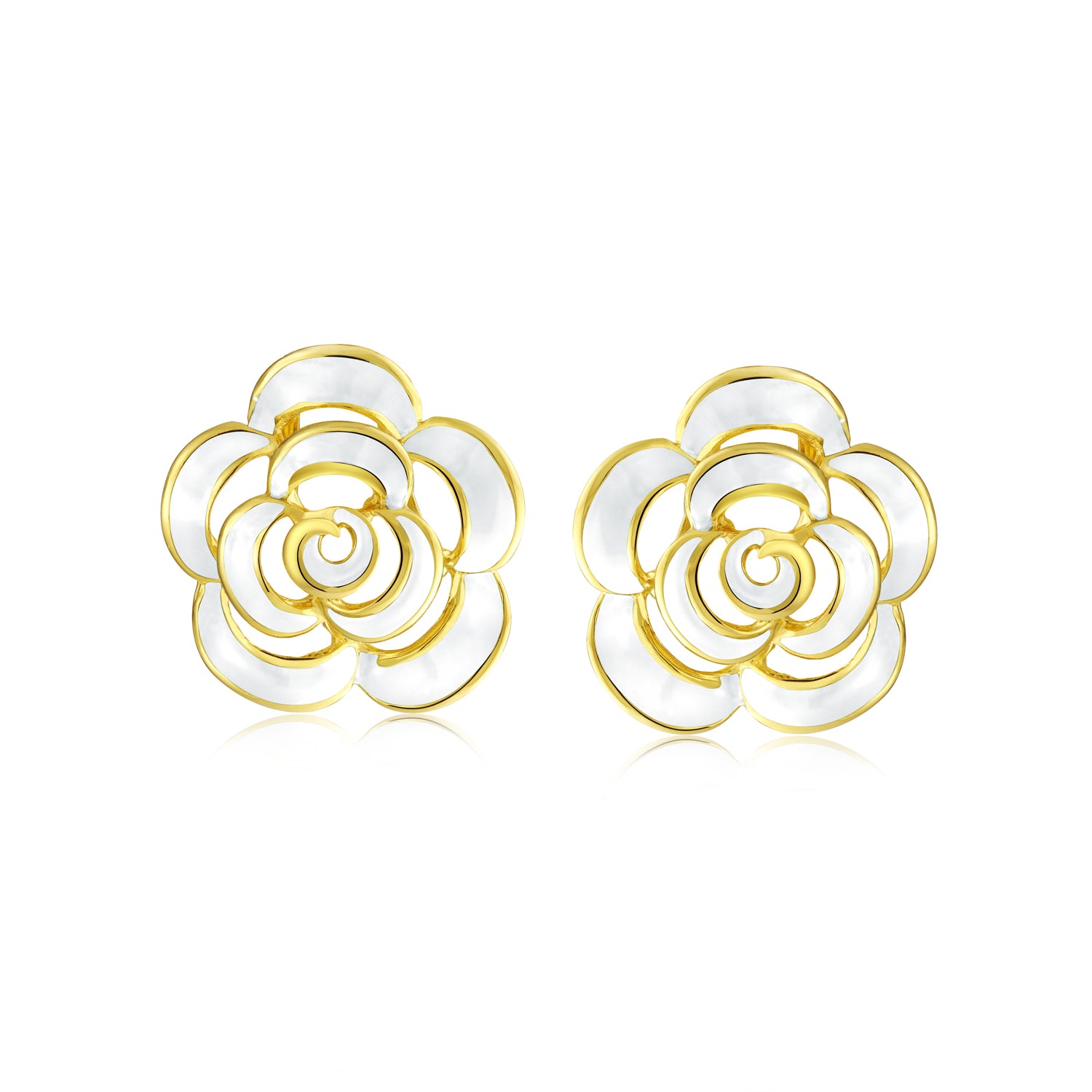 Enamel 3D White Rose Flower Stud Earrings Button Style 14K Yellow Gold Plated