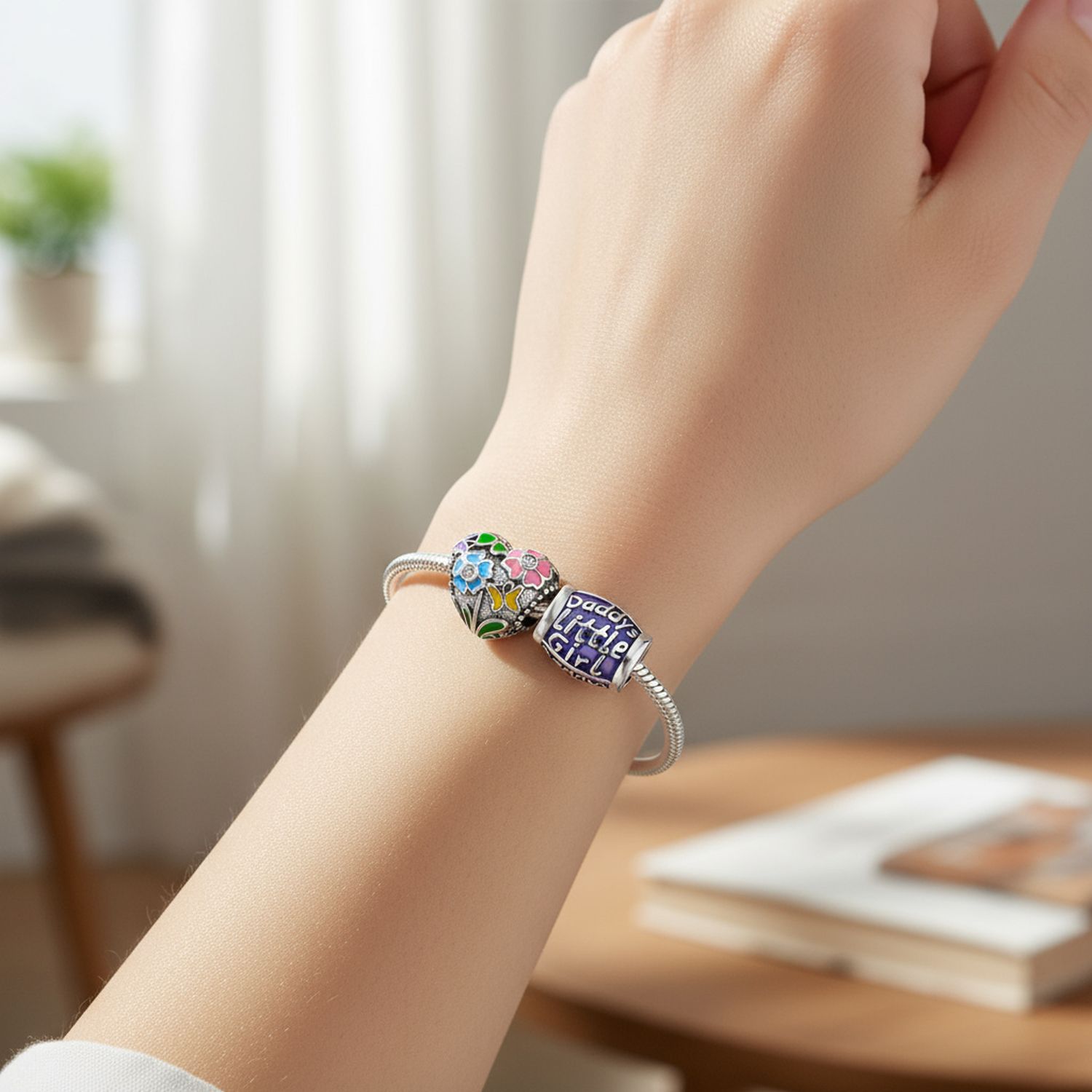 Sterling Silver Multicolor Enamel Flower Heart & Words Daddy&