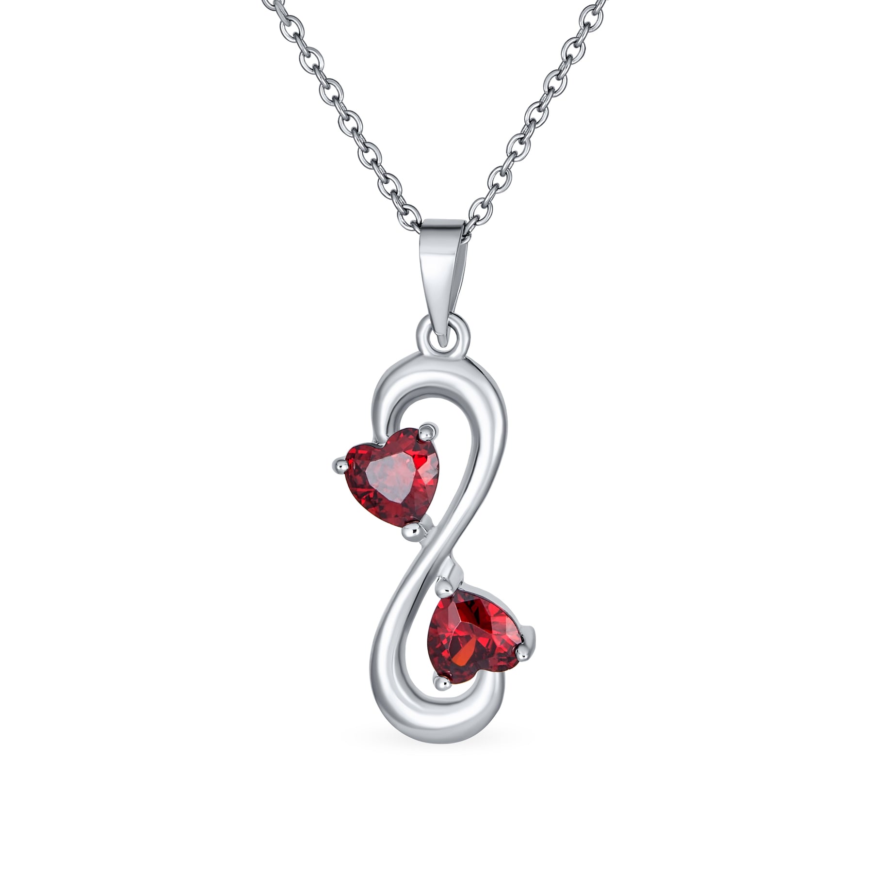 Forever Love Double CZ Ruby Red Cubic Zirconia Infinity Hearts Necklace Pendant Sterling Silver