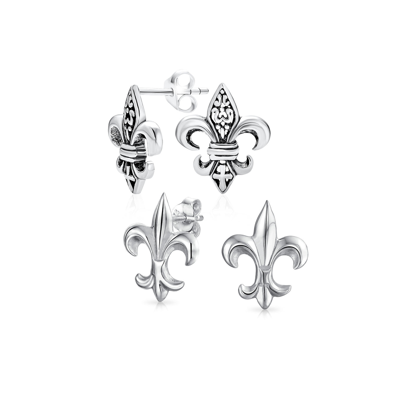 Set of 2 Fleur De Lis Stud Earrings in Oxidized and Polished Sterling Silver