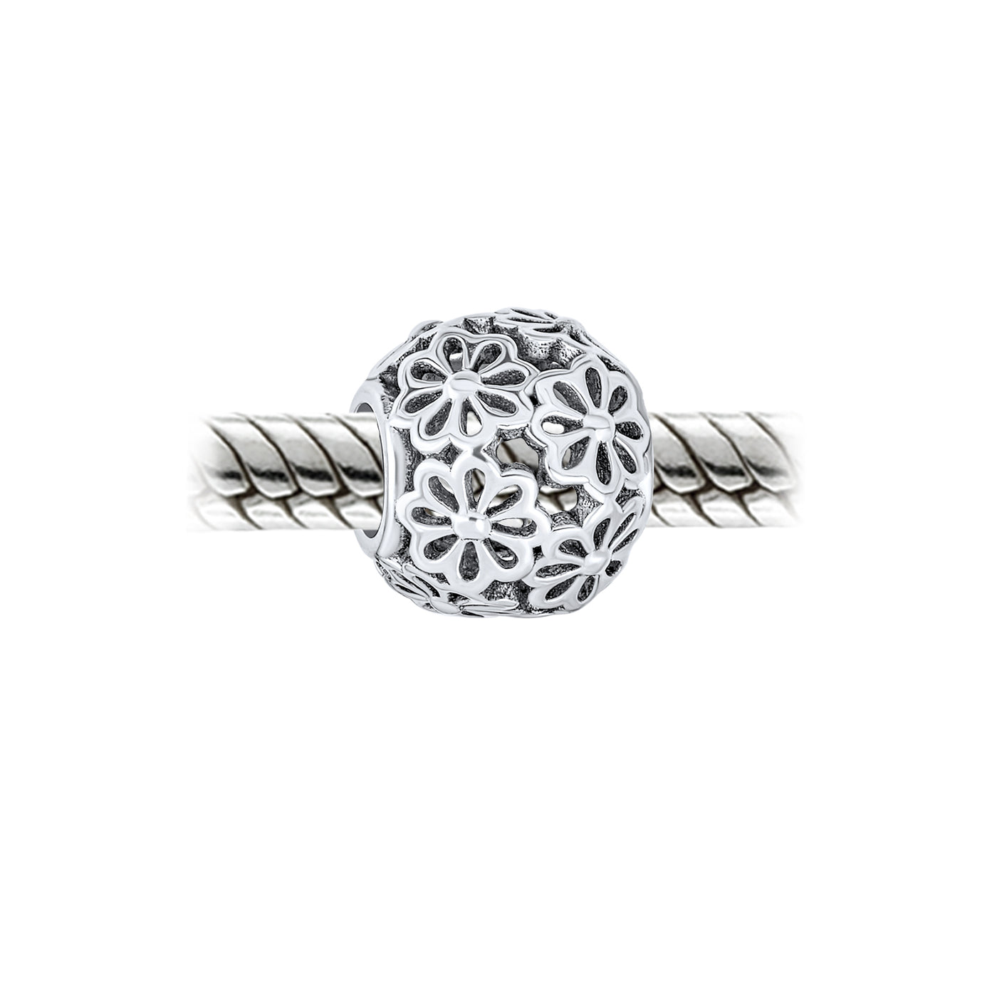 Set of 2 SIS and Heart Flower Filigree Round Bouquet Barrel Charm Bead Silver