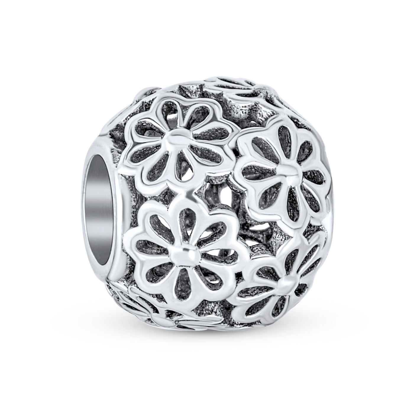Set of 2 SIS and Heart Flower Filigree Round Bouquet Barrel Charm Bead Silver