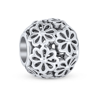 Set of 2 SIS and Heart Flower Filigree Round Bouquet Barrel Charm Bead Silver