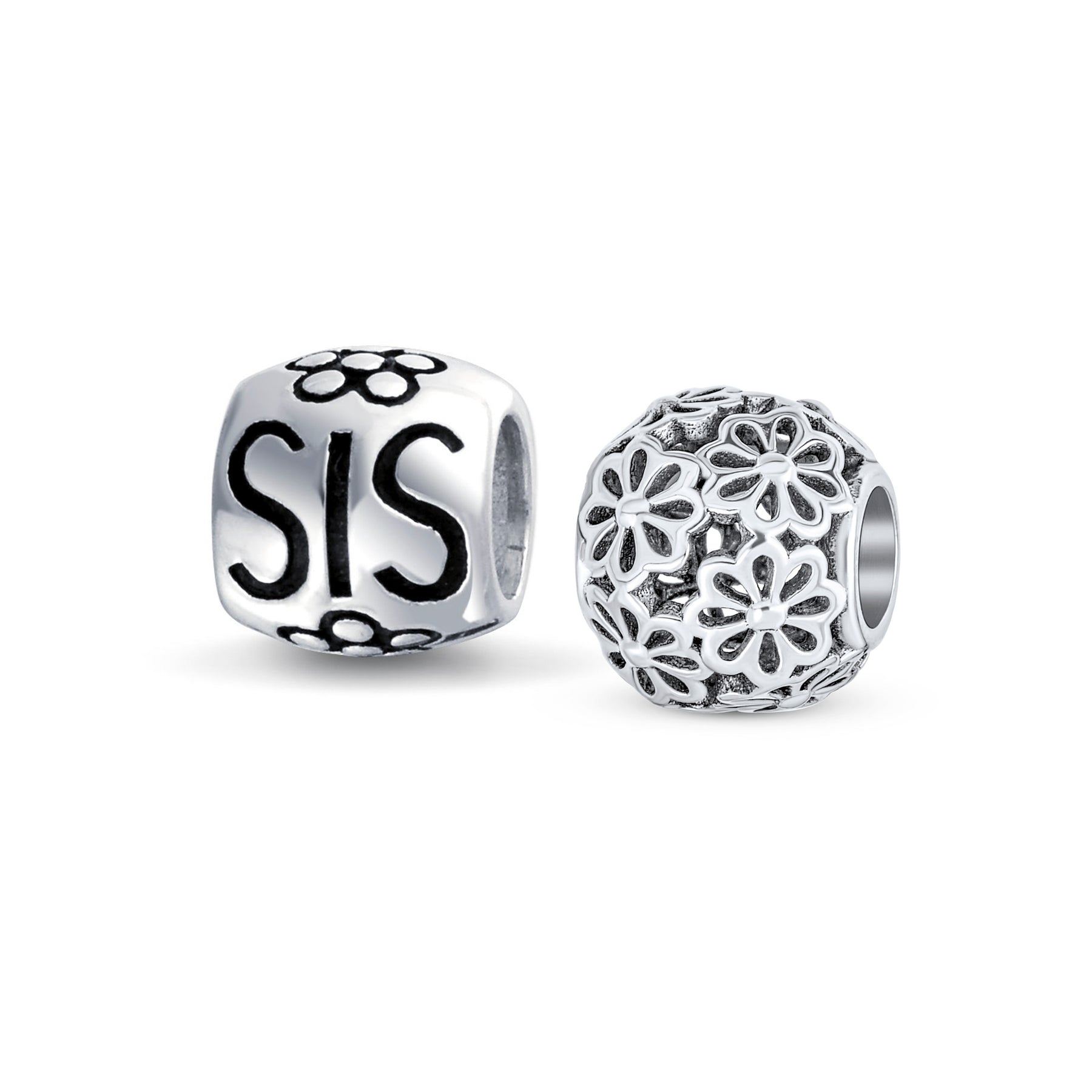 Sterling Silver Floral Filigree Bouquet Flower Heart Love Sorority Sister Word SIS Charm Bead (Set)