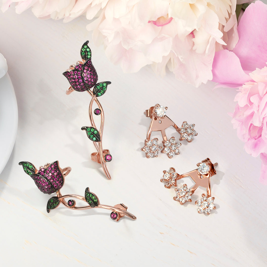 Hot Pink CZ Cubic Zirconia Ear Climber Crawler Cartilage Flower Rose Earrings Gold For Pierced Ears