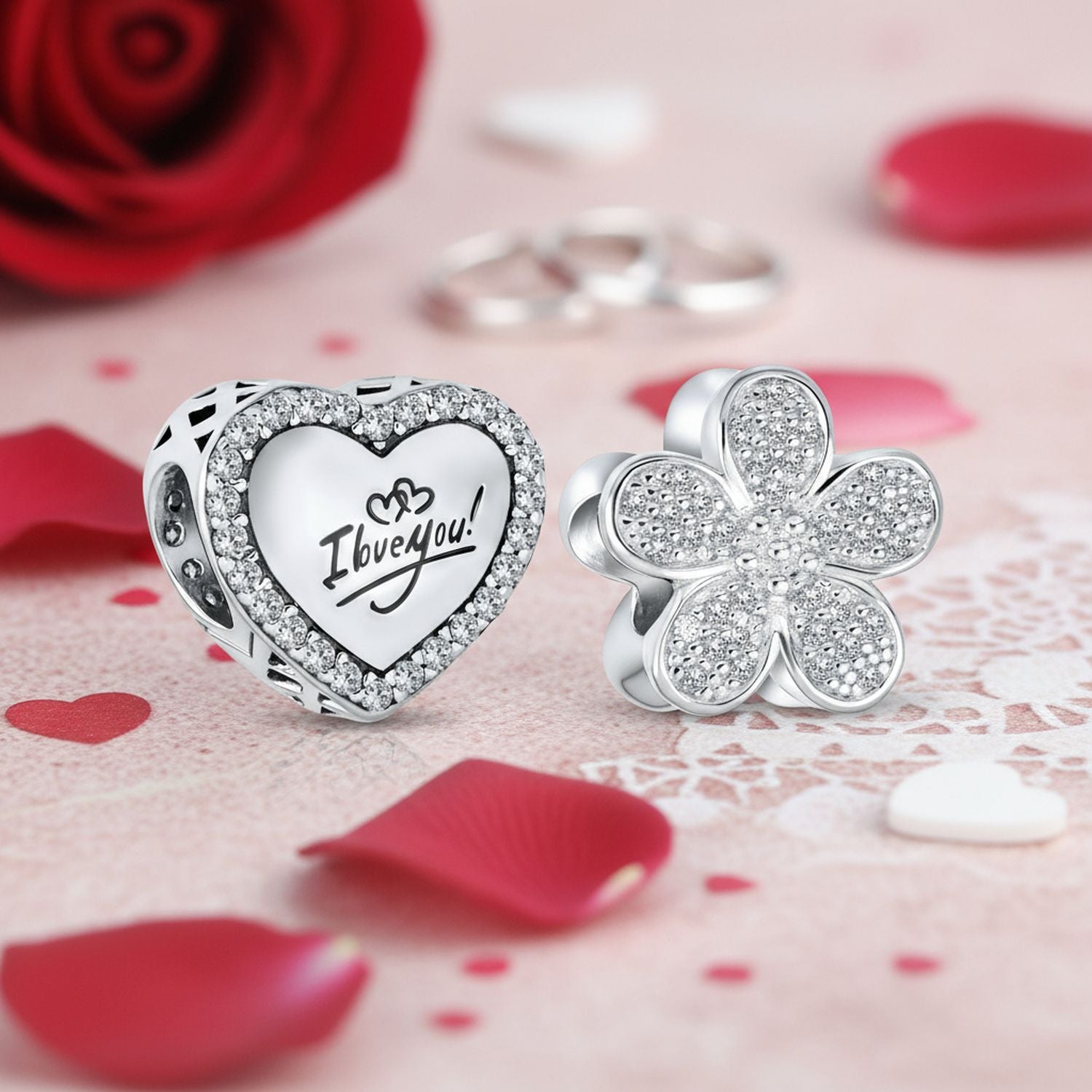 Sterling Silver Words I LOVE YOU Crystal Heart Shape & CZ Flower Shape Charm Bead for Bracelet (Set)