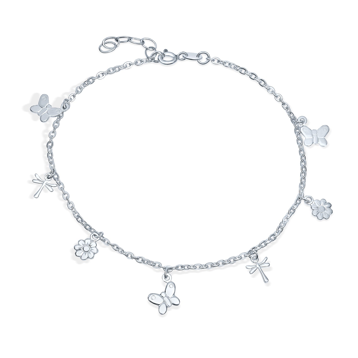 Multi Charm Garden Flowers, Butterfly Anklet Ankle Bracelet .925 Sterling Silver Adjustable