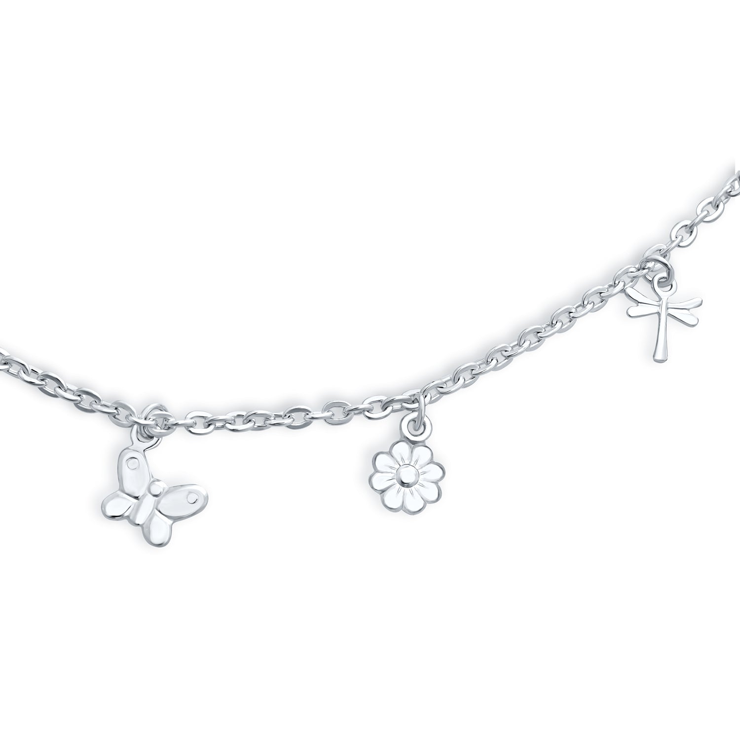 Multi Charm Garden Flowers, Butterfly Anklet Ankle Bracelet .925 Sterling Silver Adjustable
