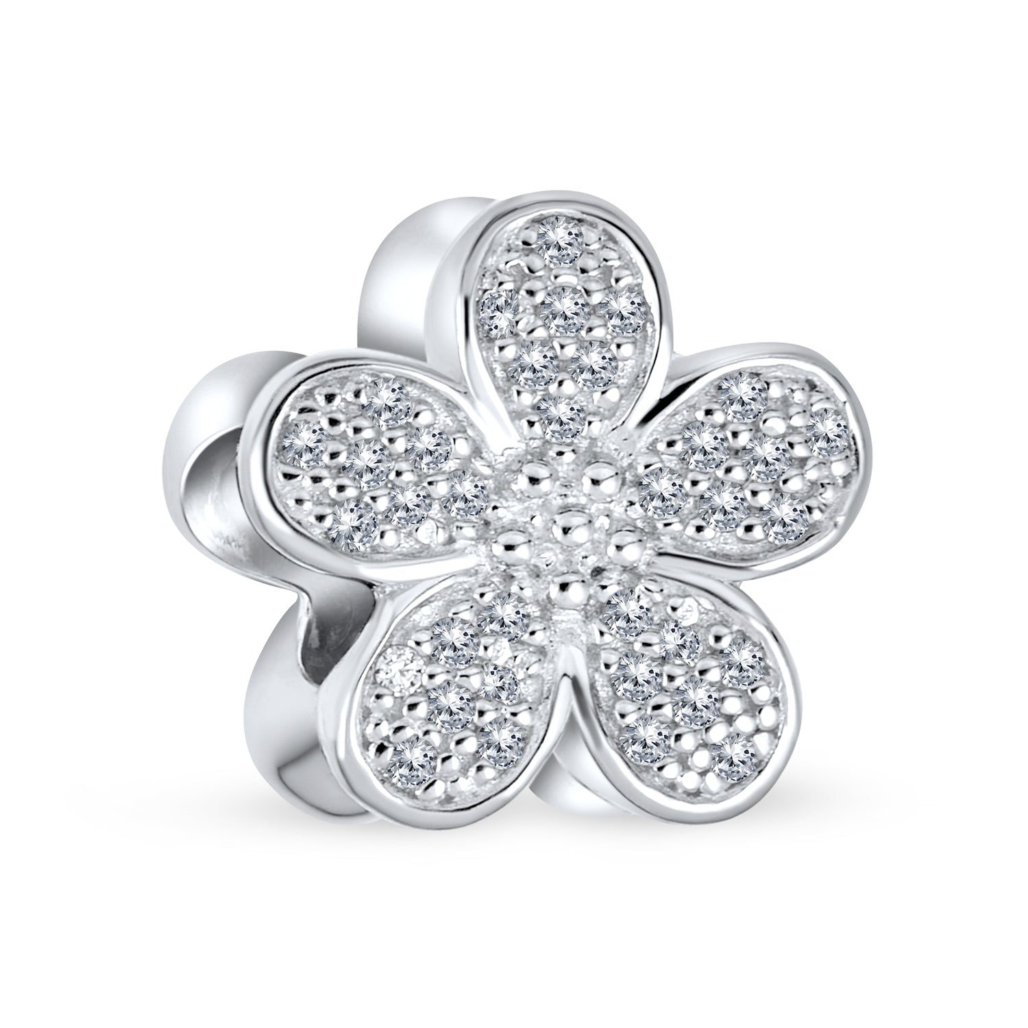 Sterling Silver Words I LOVE YOU Crystal Heart Shape & CZ Flower Shape Charm Bead for Bracelet (Set)