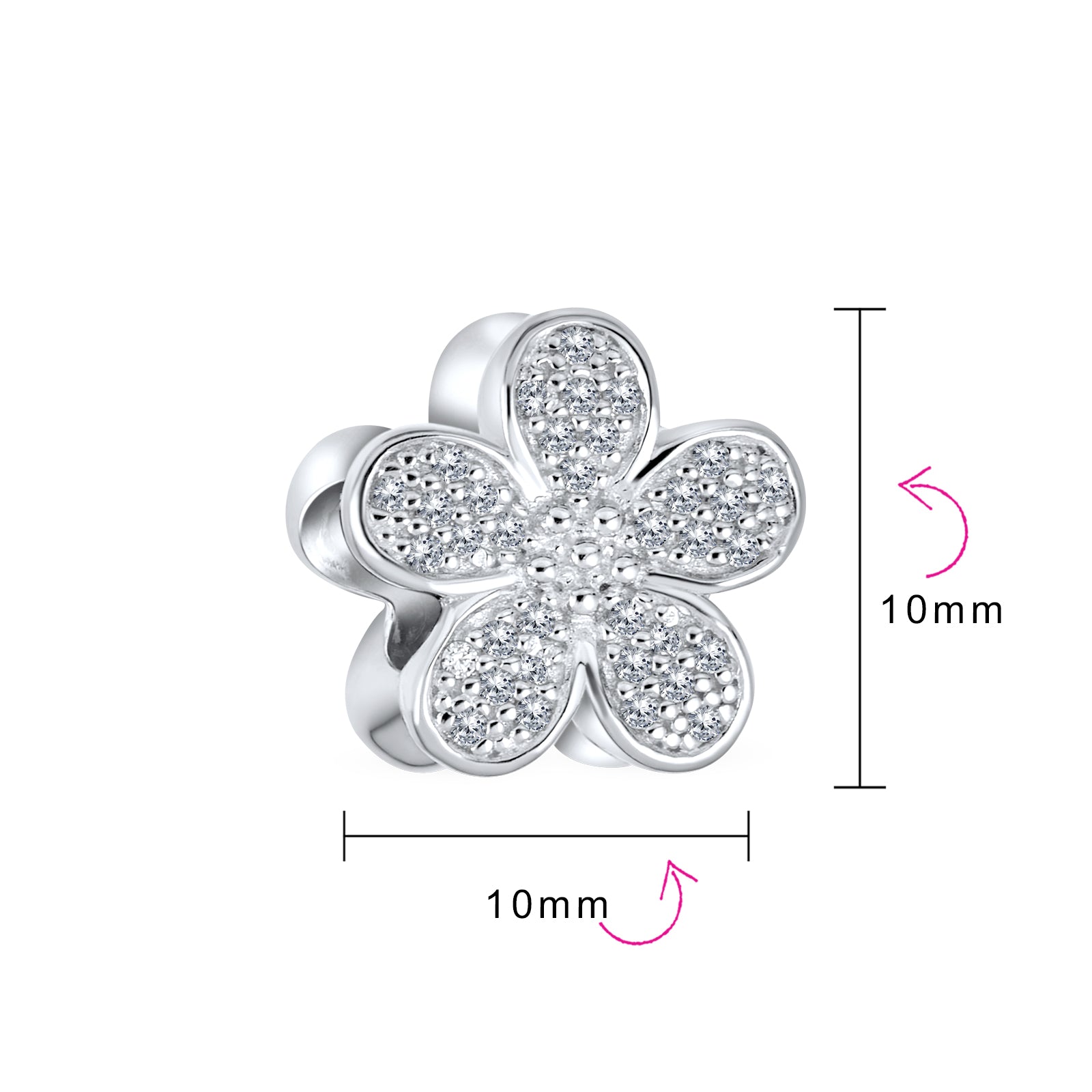 Sterling Silver Words I LOVE YOU Crystal Heart Shape & CZ Flower Shape Charm Bead for Bracelet (Set)