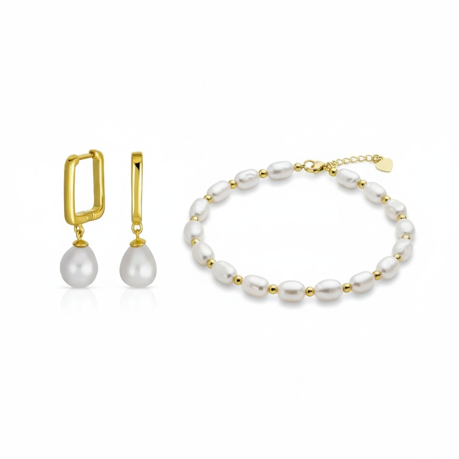 Bridal Baroque Pearl Bracelet & Teardrop Pearl Huggie Earrings Set Gold Plated