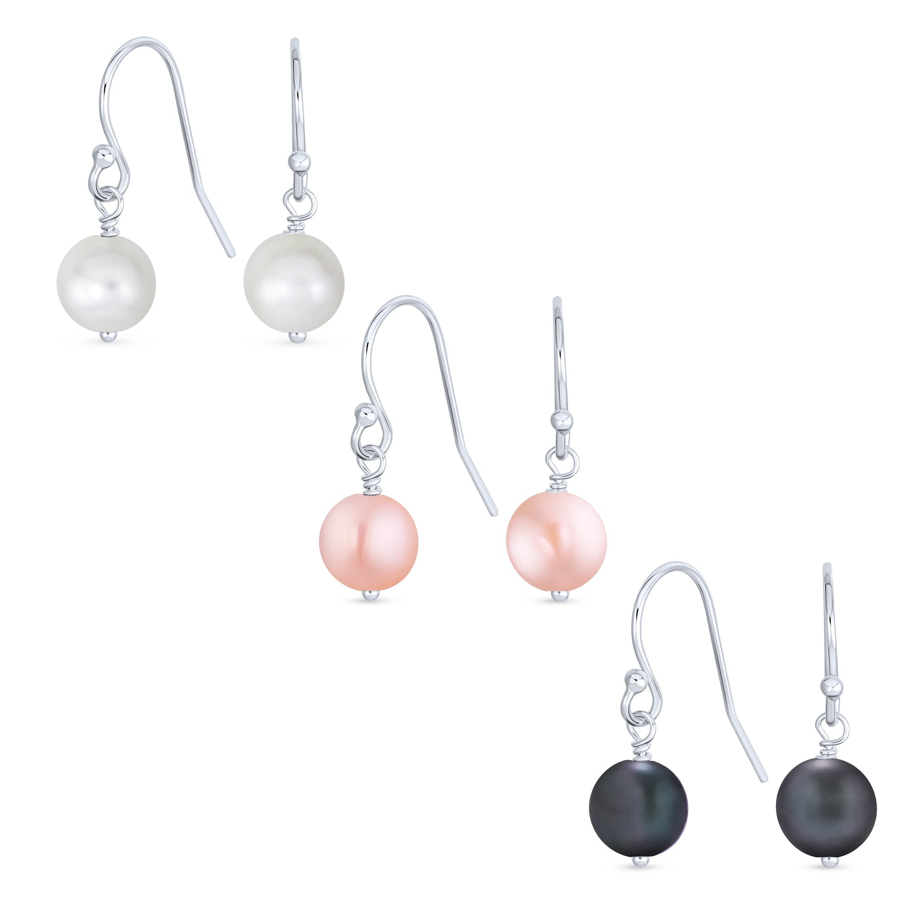 Sterling Silver Freshwater Cultured White Pink Grey Pearl Drop Ball Earrings Fish Hook (Set of 3)