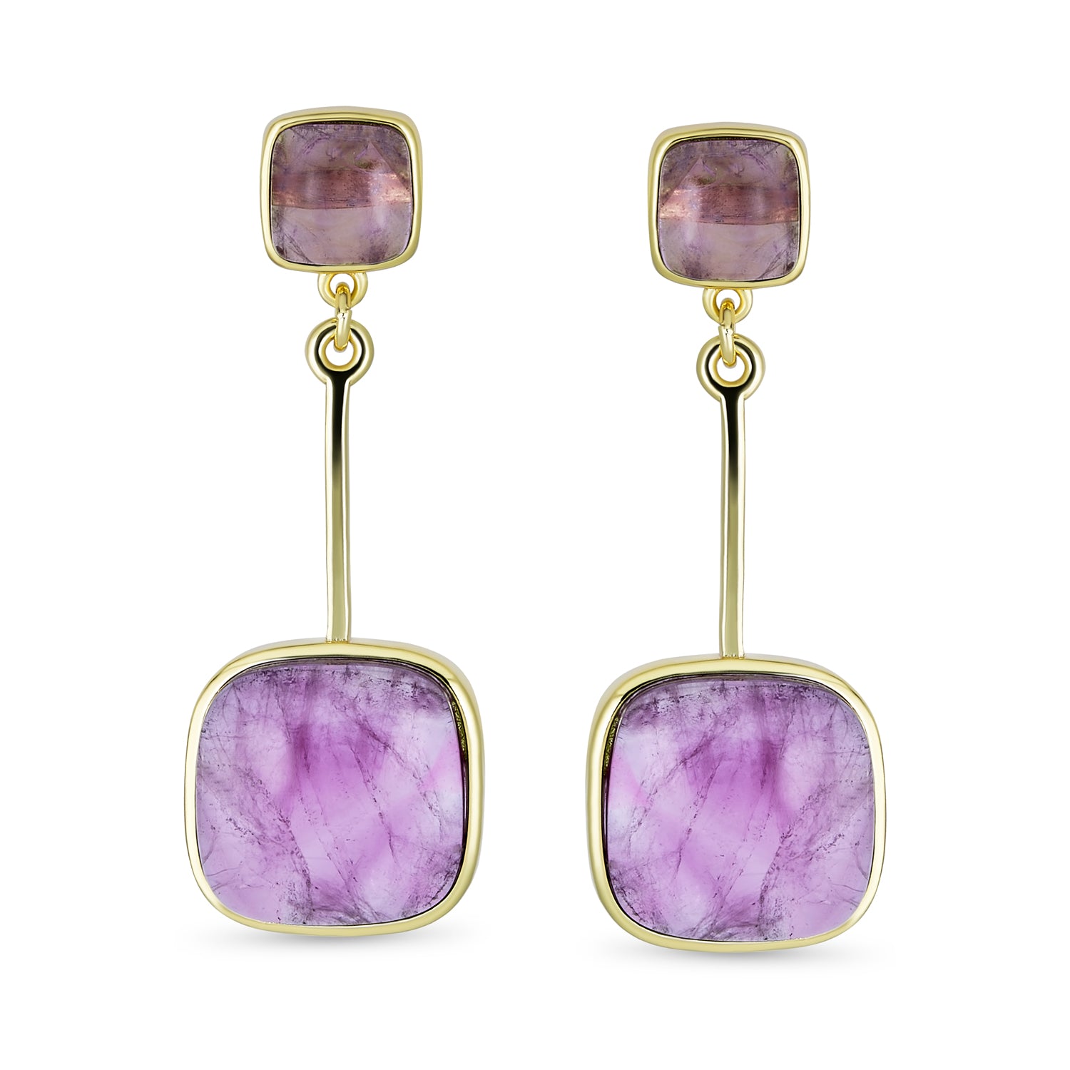 Geometric Square Bar Faceted Gemstone Purple Amethyst Dangle Statement Earrings Gold Plated