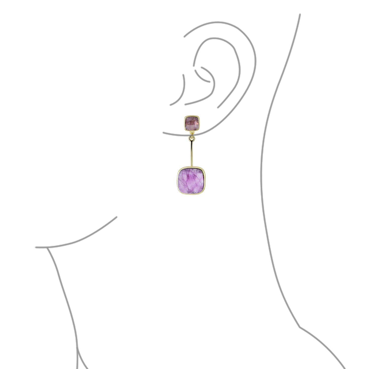 Geometric Square Bar Faceted Gemstone Purple Amethyst Dangle Statement Earrings Gold Plated