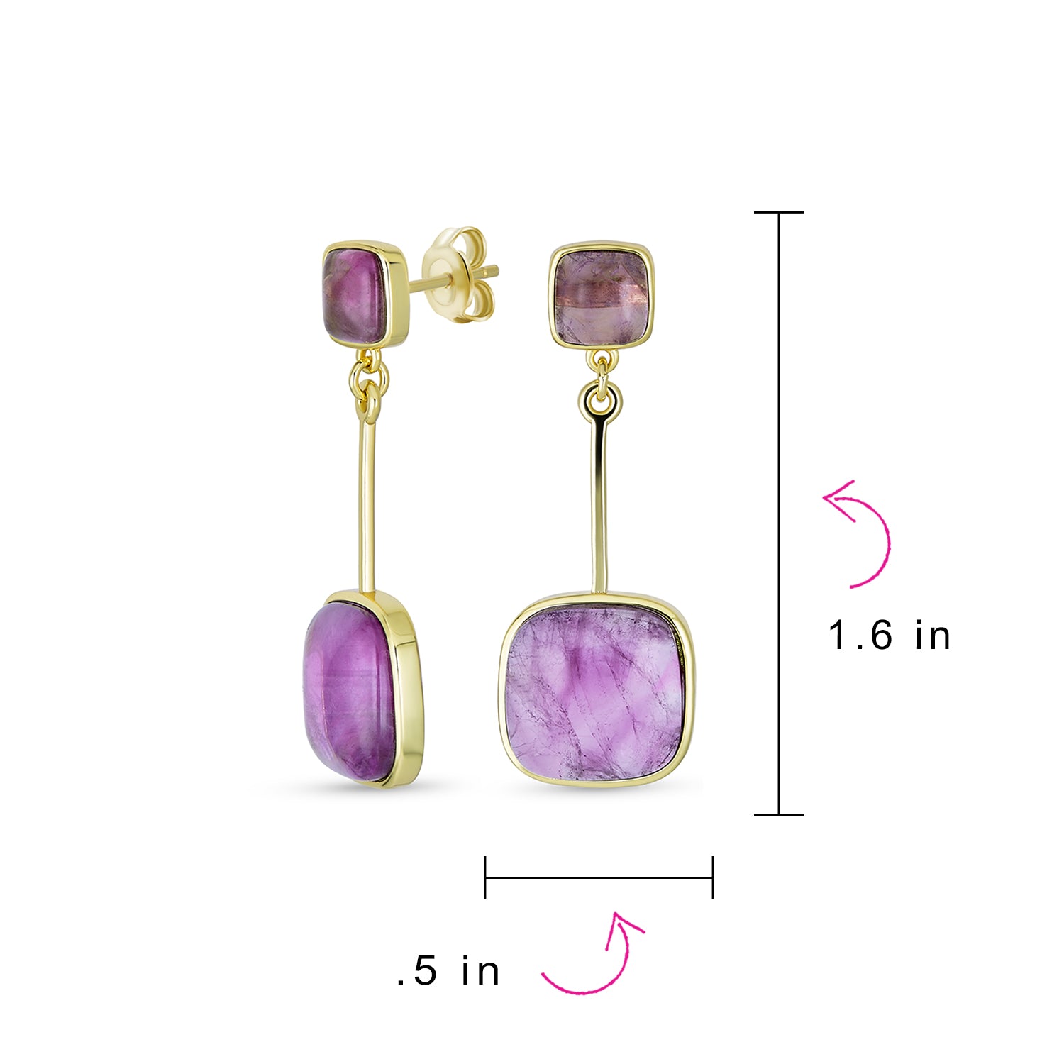 Geometric Square Bar Faceted Gemstone Purple Amethyst Dangle Statement Earrings Gold Plated