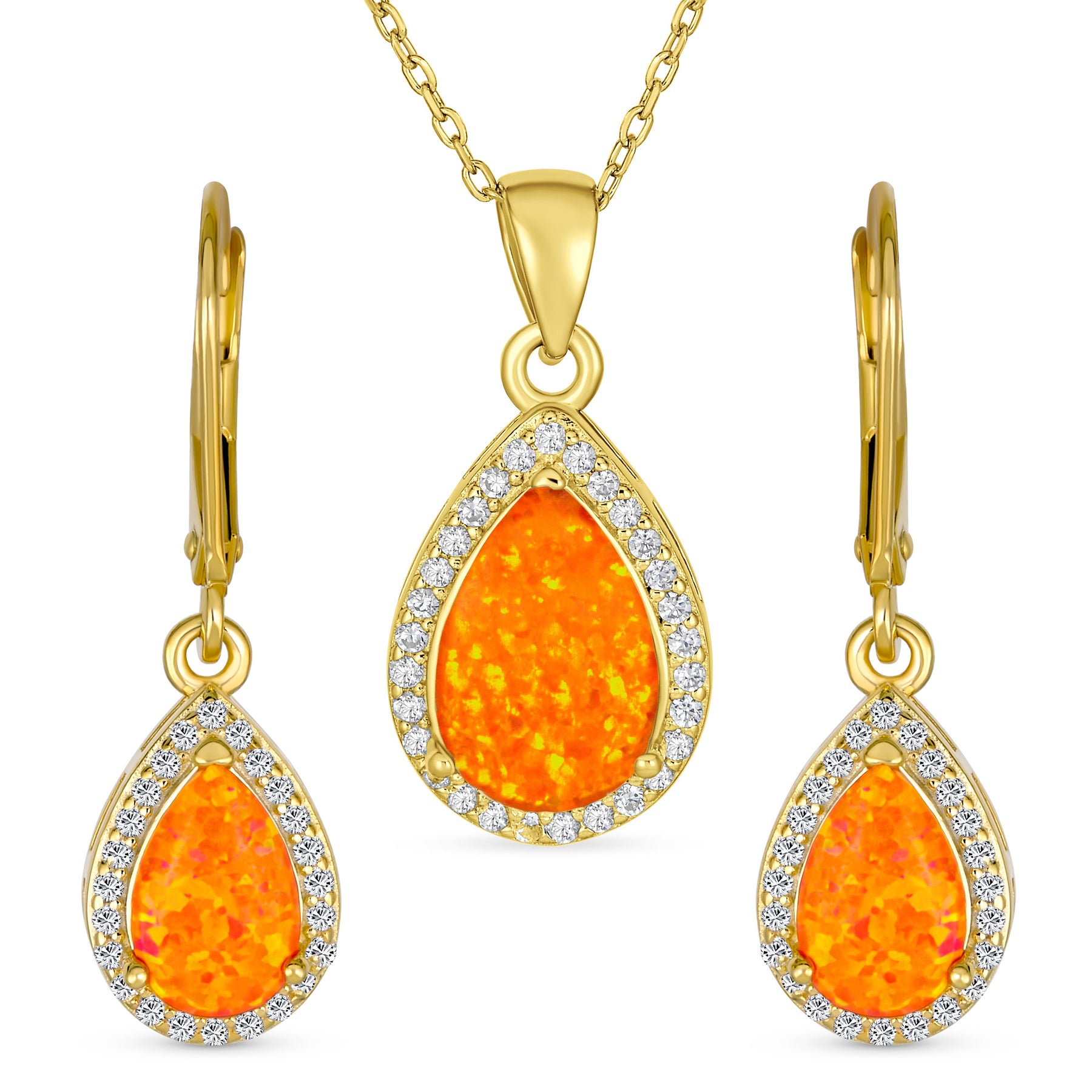 Bridal CZ Halo Solitaire Orange Opal Teardrop Pendant & Earrings Jewelry Set