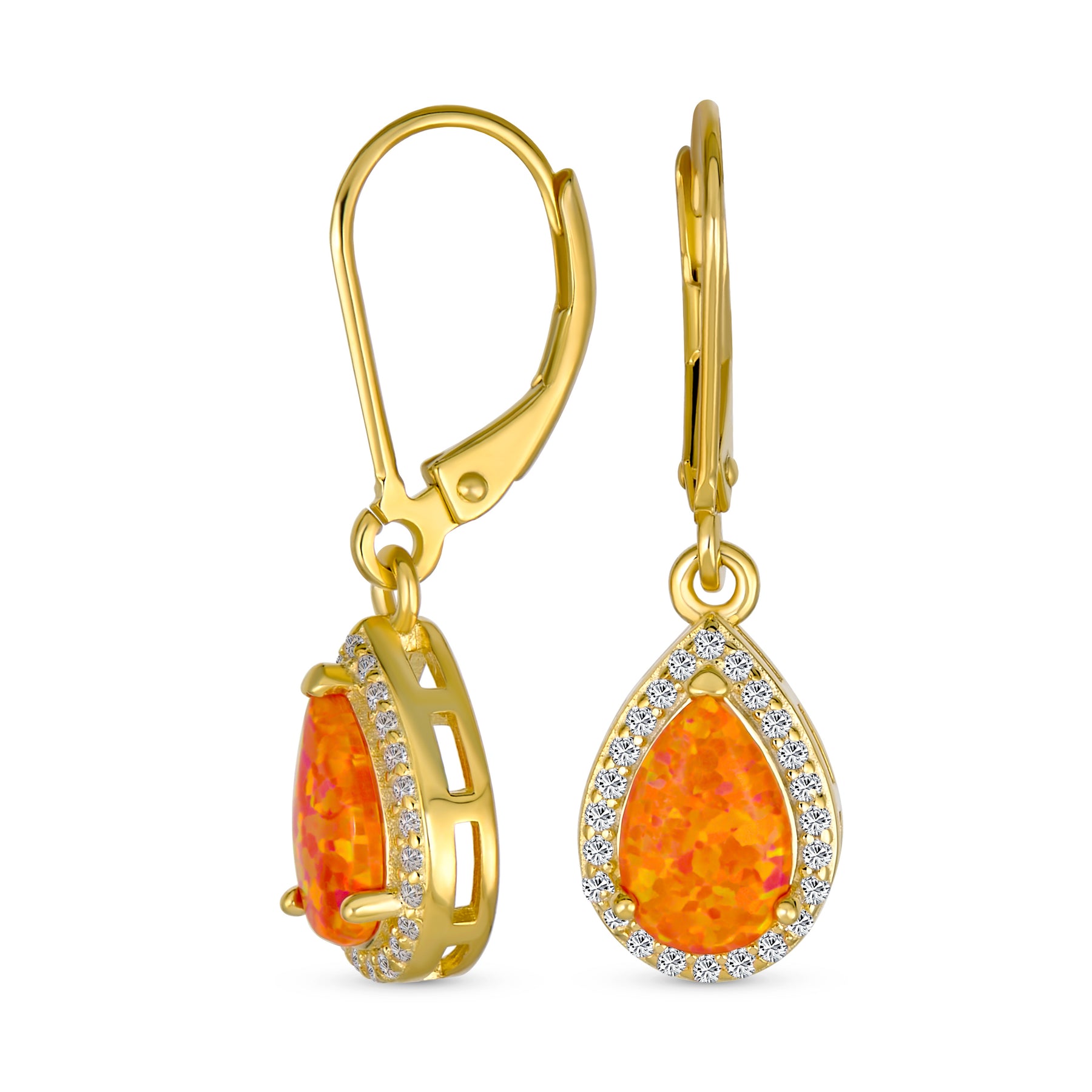 Bridal CZ Halo Solitaire Orange Opal Teardrop Pendant & Earrings Jewelry Set