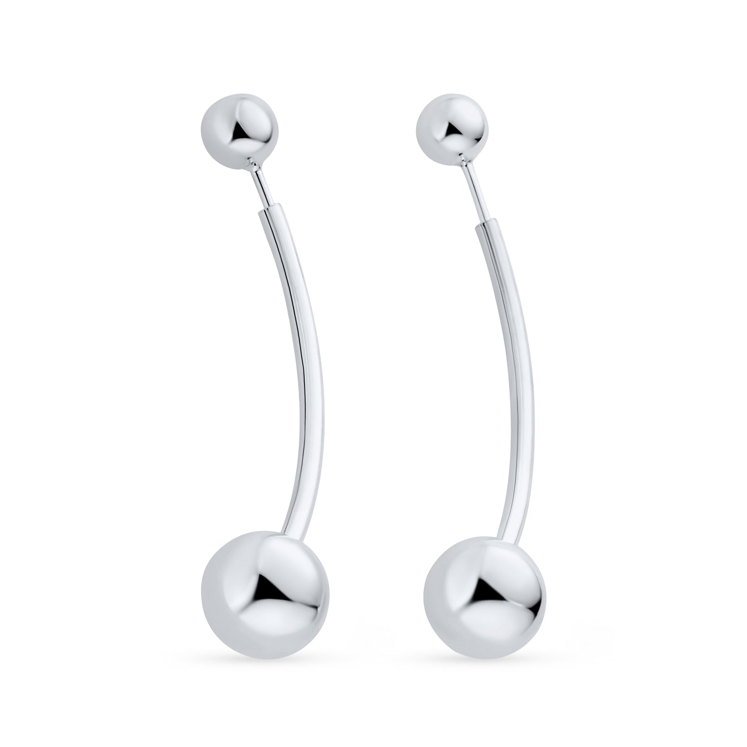 Modern Geometric Long Bar Double Bead Ball Drop Earrings .925 Sterling Silver
