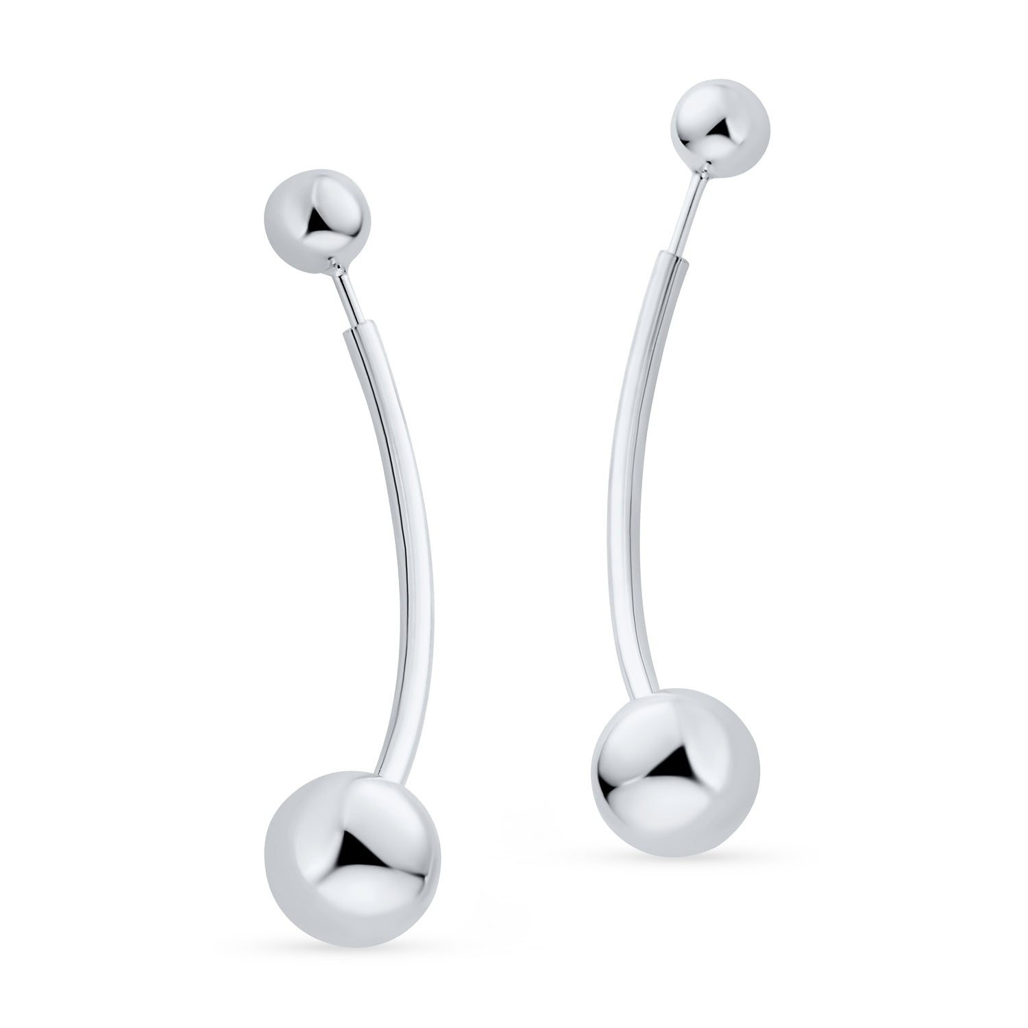 Modern Geometric Long Bar Double Bead Ball Drop Earrings .925 Sterling Silver