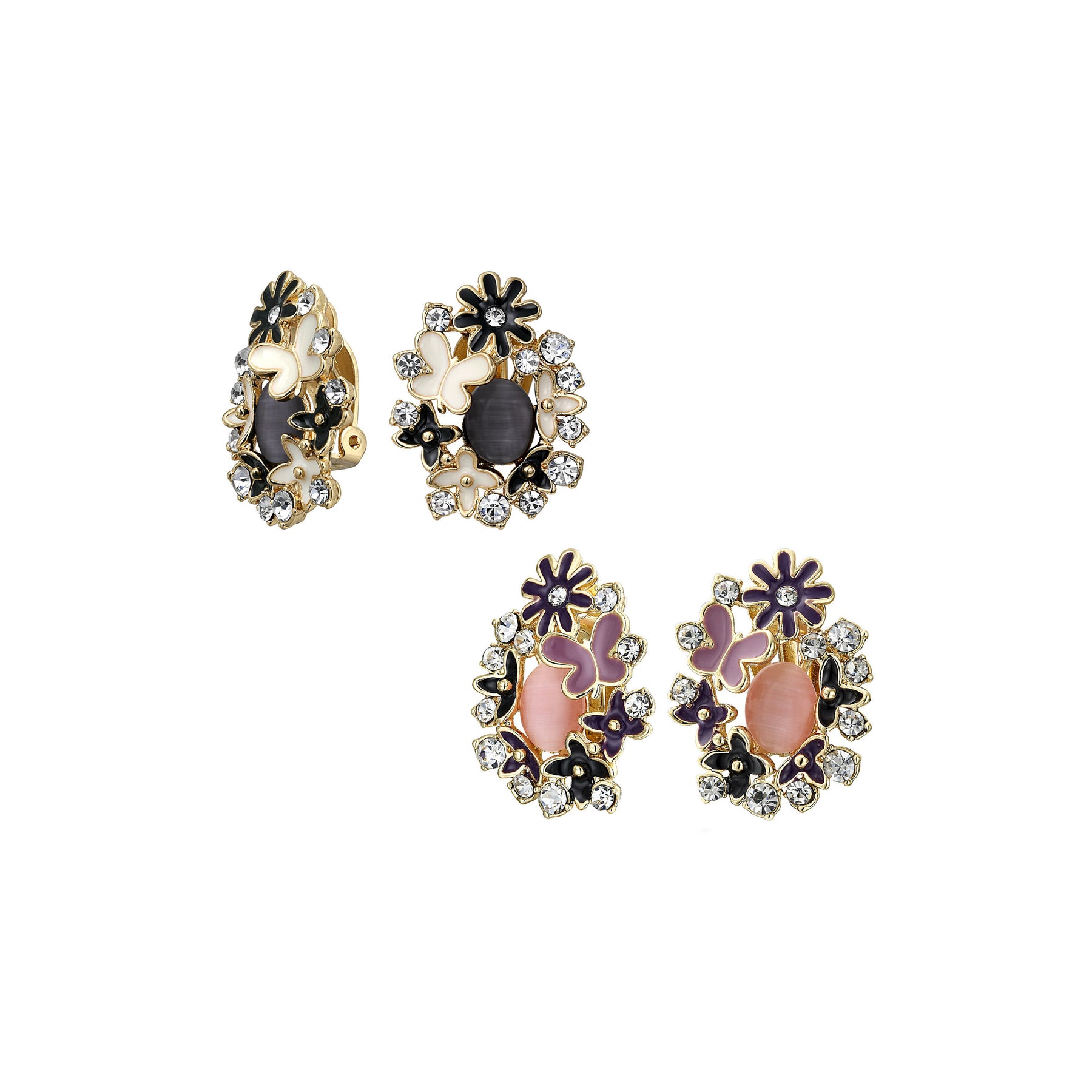 Pink Purple Black White Cats Eye Garden Butterflies Flower Clip On Earrings Gold Plated (Set of 2)