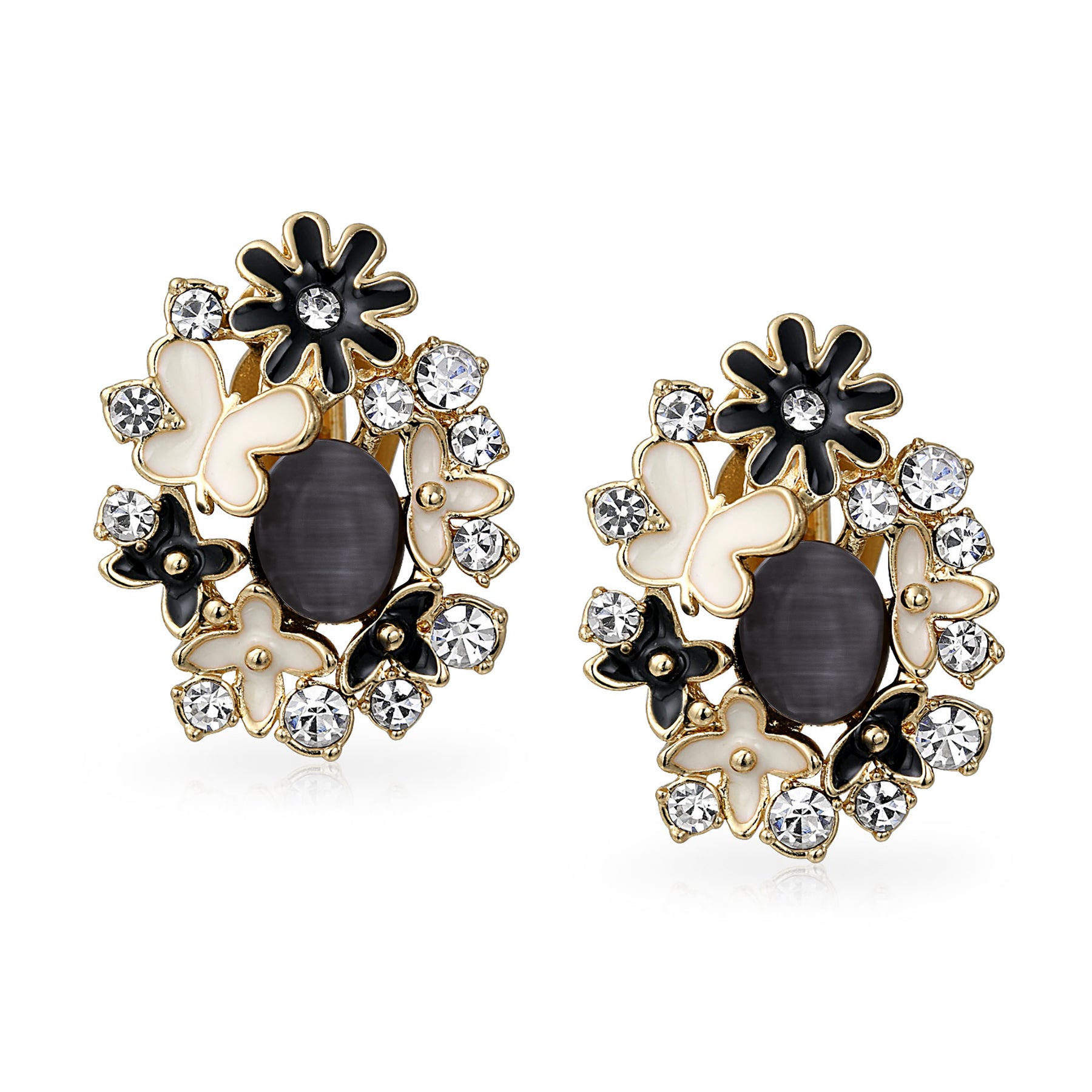 Pink Purple Black White Cats Eye Garden Butterflies Flower Clip On Earrings Gold Plated (Set of 2)