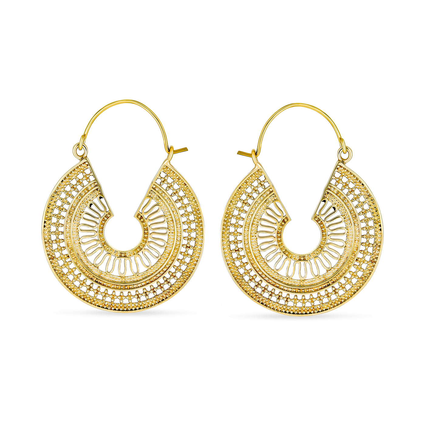 Boho Bali Style Filigree Crescent Round Hoop Earrings Gold Plated