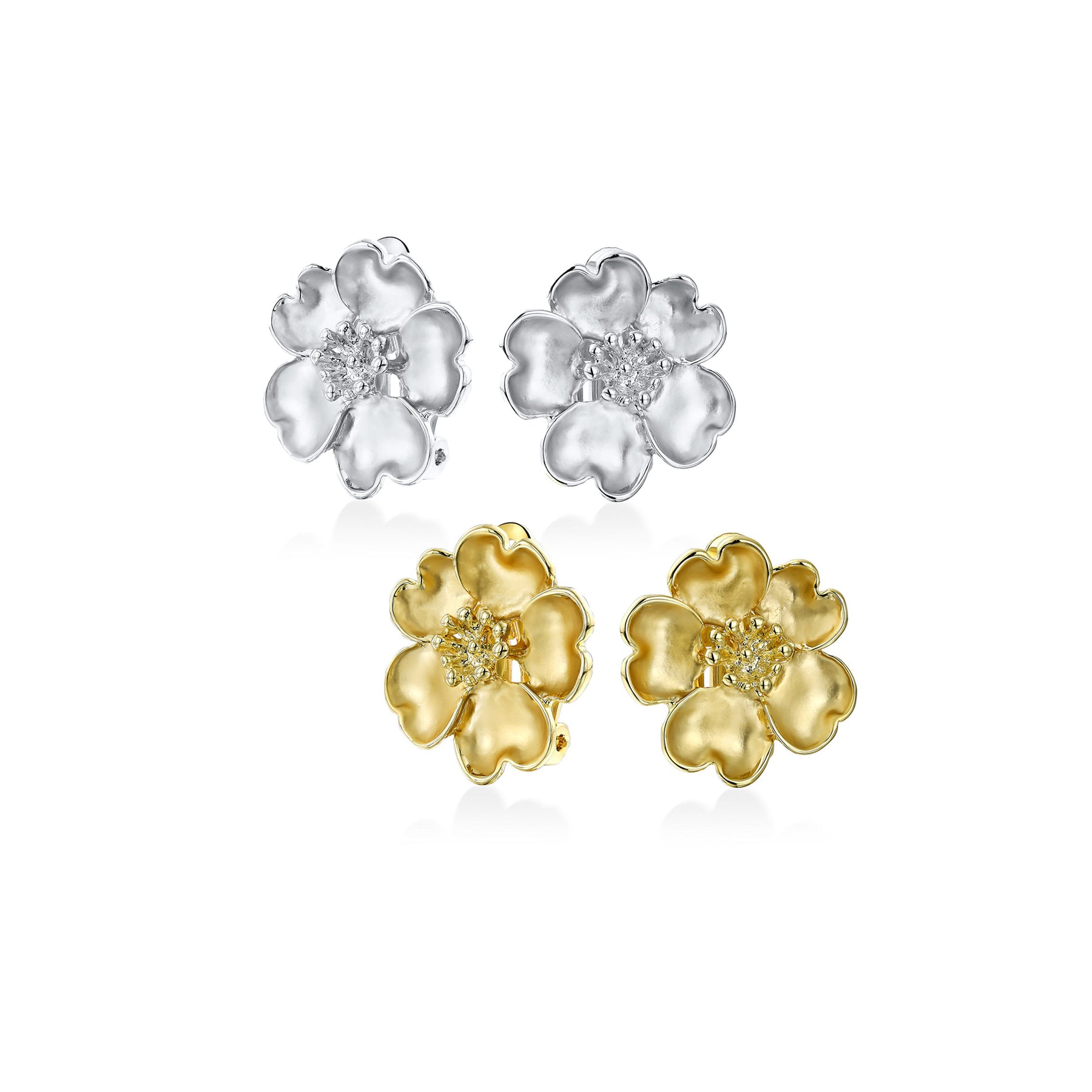 Heart Petals Flower Clip On Earrings CZ Non Pierced Ears Matte 14K Gold Plated Rhodium (Set of 2)