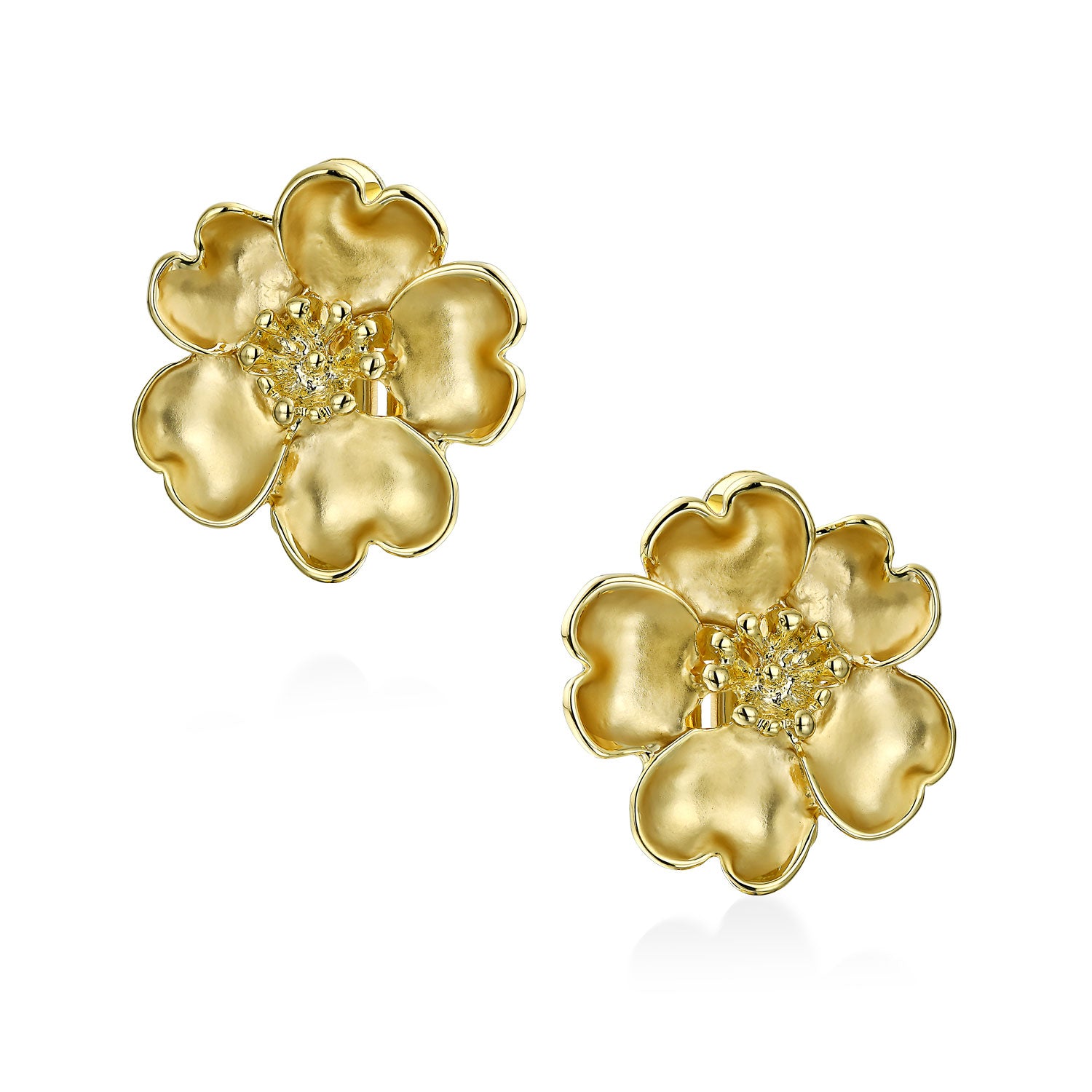 Heart Petals Flower Clip On Earrings CZ Non Pierced Ears Matte 14K Gold Plated Rhodium (Set of 2)