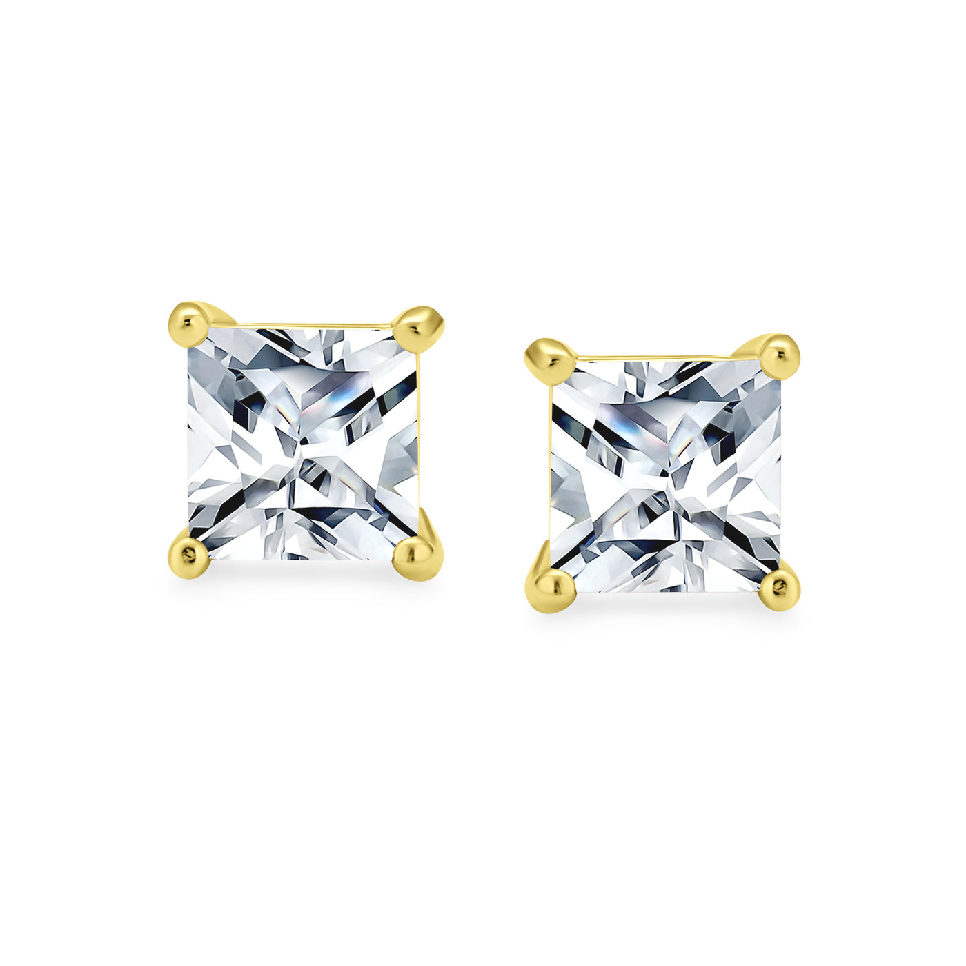 Set of 2 Square Princess CZ Stud Earrings Silver Gold Sterling Silver