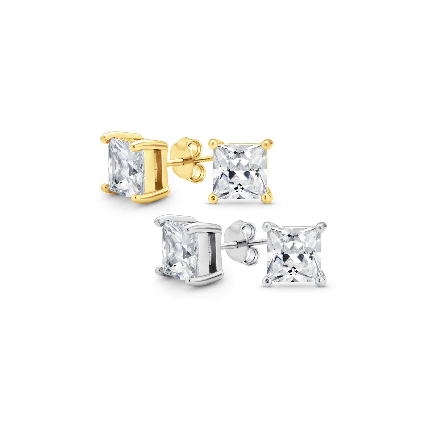 Set of 2 Square Princess CZ Stud Earrings Silver Gold Sterling Silver