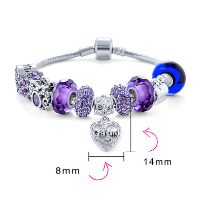 Purple Love Grandma Family Charm Bracelet Sterling Silver 6.5-8 Inch