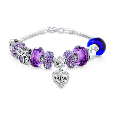 Purple Love Grandma Family Charm Bracelet Sterling Silver 6.5-8 Inch