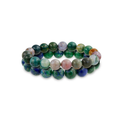 Set of 2 Natural Bead Blue Azurite Multi Color Jasper  12MM Stretch Bracelet