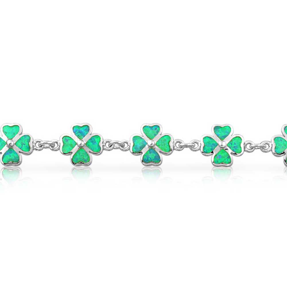 .925 Sterling Silver Created Opal Inlay Green Heart Shaped Clover Charm Bracelet Lucky Shamrock