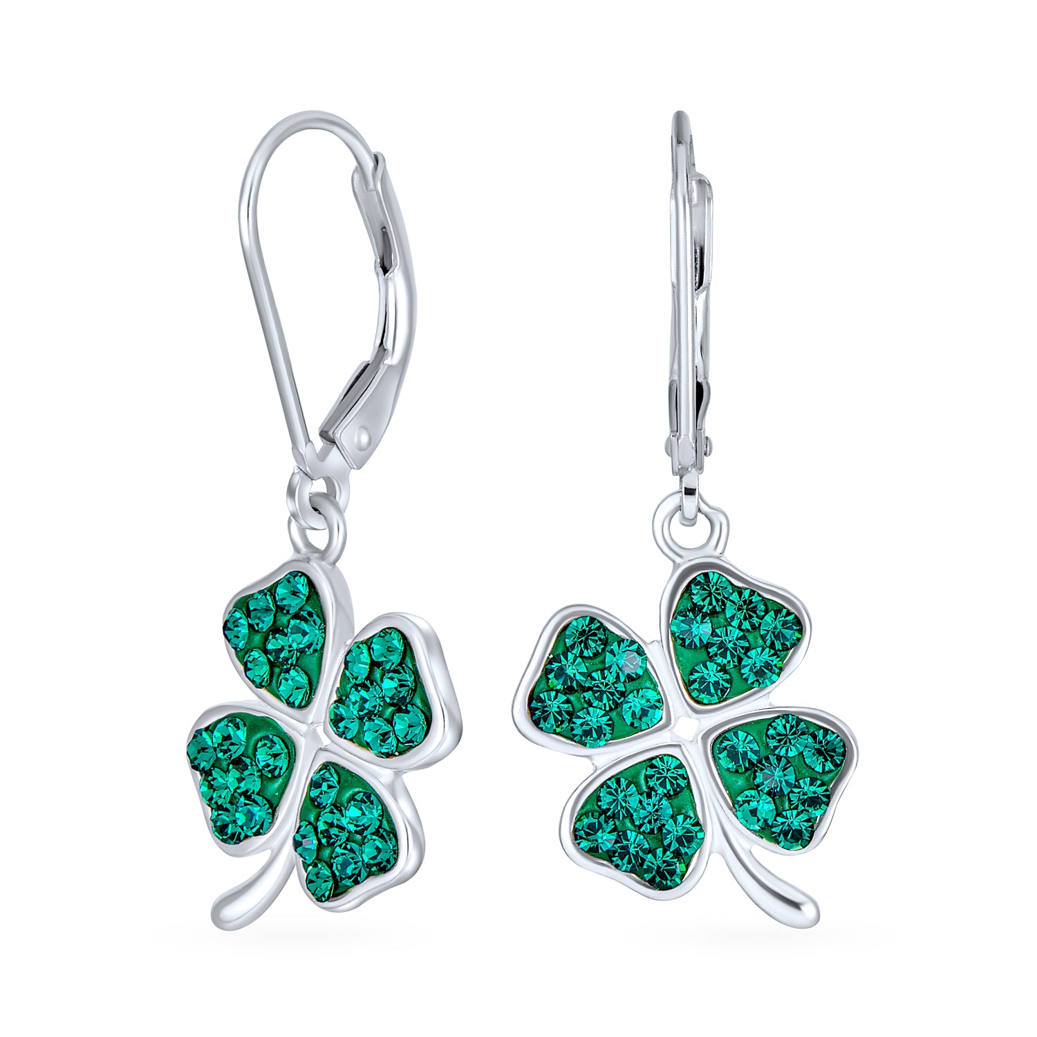 Celtic Irish Good Luck Green Crystal Clover Dangle Earrings in Sterling Silver