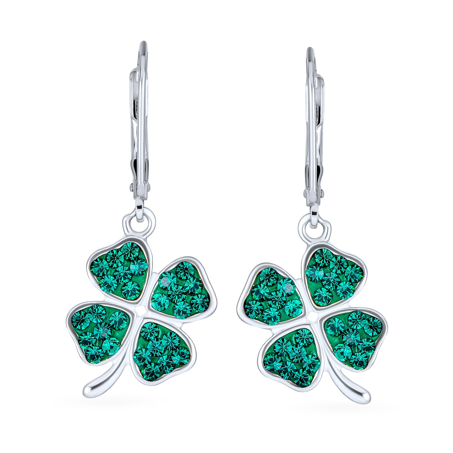 Celtic Irish Good Luck Green Crystal Clover Dangle Earrings in Sterling Silver