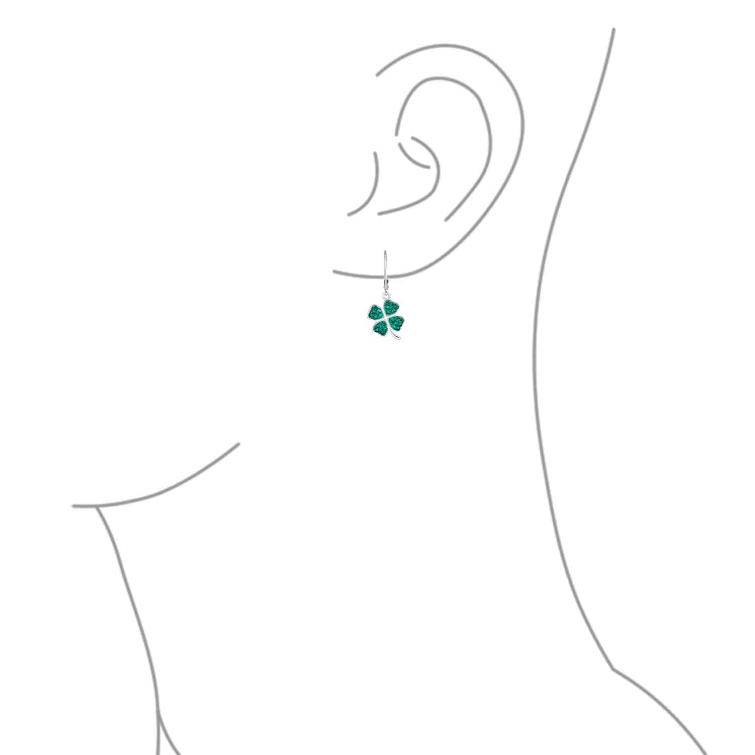 Celtic Irish Good Luck Green Crystal Clover Dangle Earrings in Sterling Silver