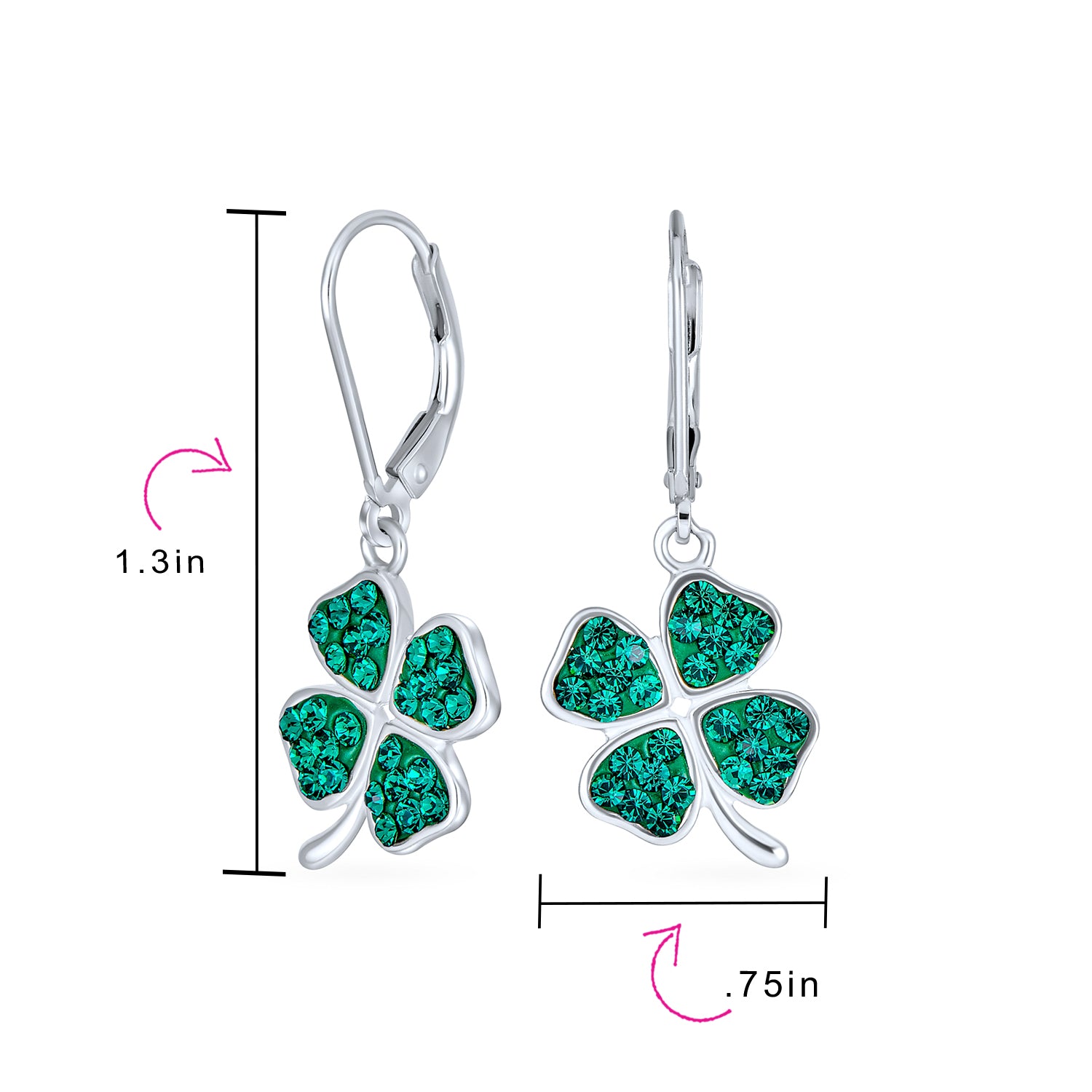 Celtic Irish Good Luck Green Crystal Clover Dangle Earrings in Sterling Silver