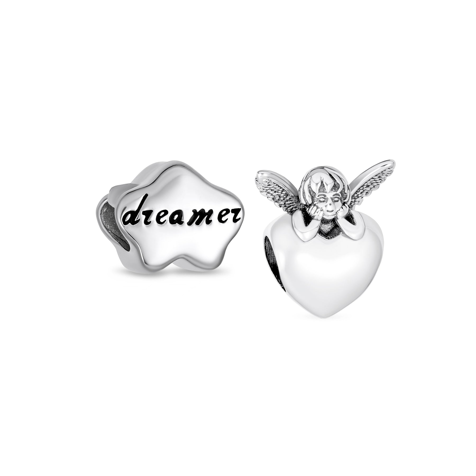 .925 Sterling Silver Guardian Fairy Angel Cherub Wings Heart & Cloud Word Dreamer Charm Bead (Set)
