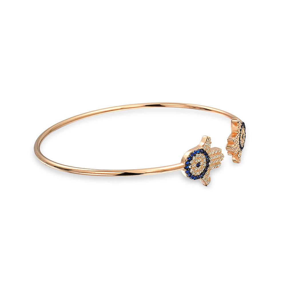 Hand Of God Hamsa Evil Eye Bangle Cuff Bracelet Cubic Zirconia CZ Rose Gold .925 Sterling Silver