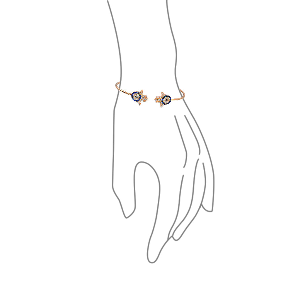 Hand Of God Hamsa Evil Eye Bangle Cuff Bracelet Cubic Zirconia CZ Rose Gold .925 Sterling Silver