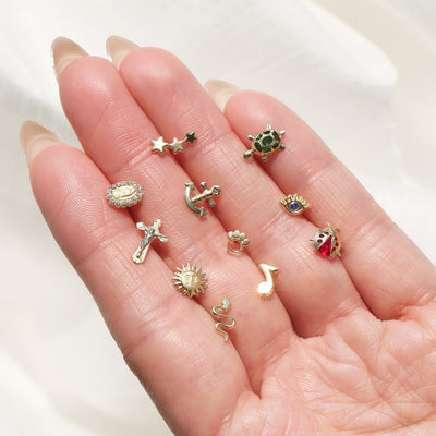 Tiny Christian Jesus Crucifix 14K Gold Stud Earrings with Safety Screw Back