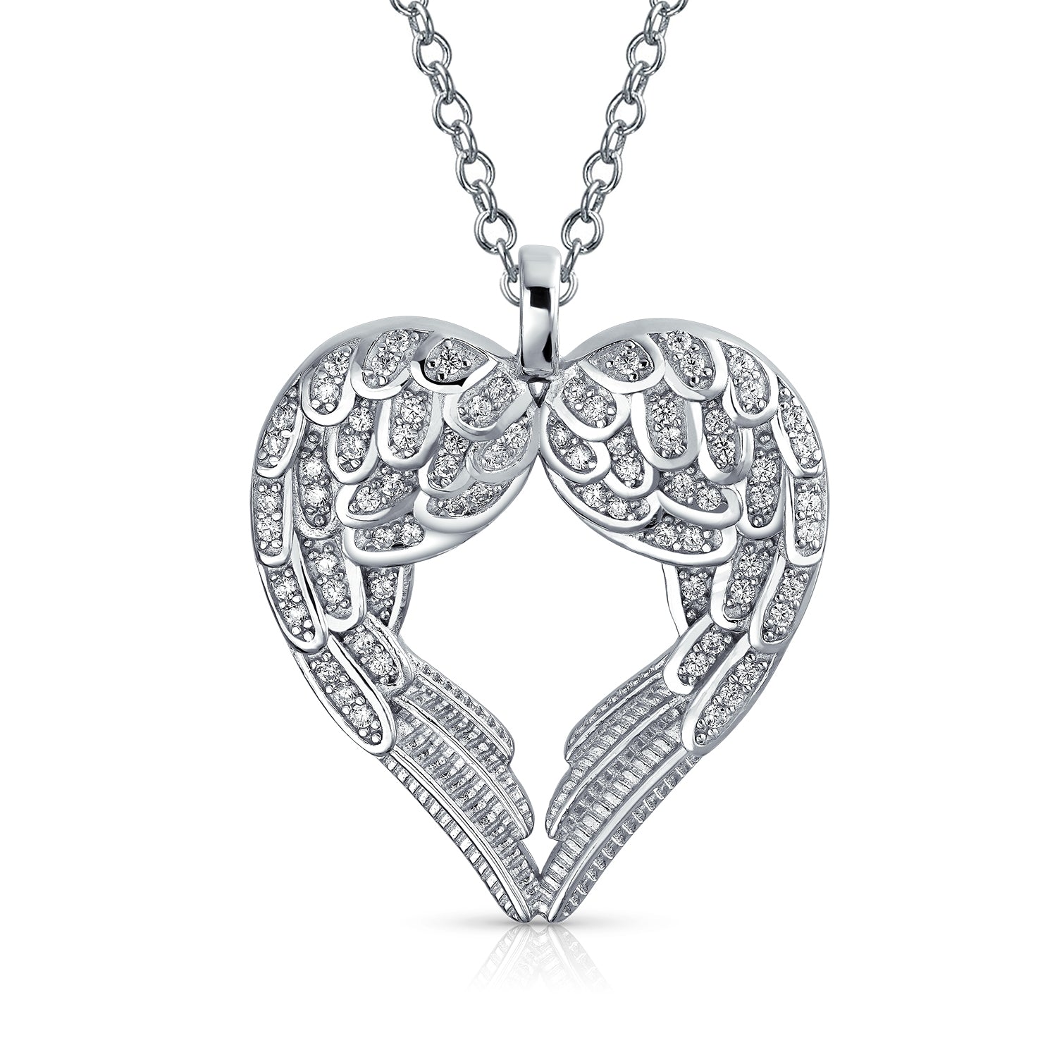 Pave Cubic Zirconia CZ Heart Kissing Angel Wing Pendant Necklace Sterling Silver