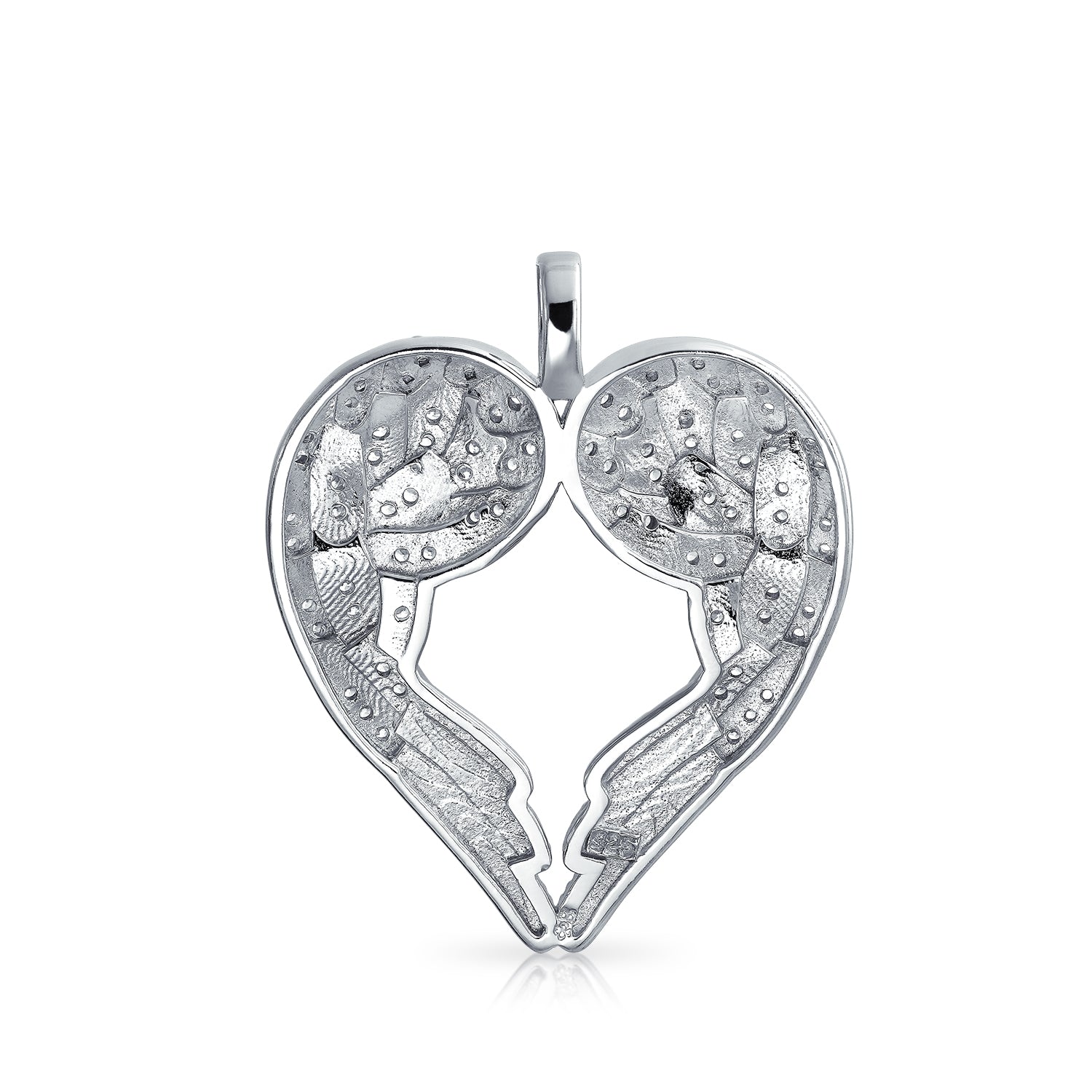 Pave Cubic Zirconia CZ Heart Kissing Angel Wing Pendant Necklace Sterling Silver