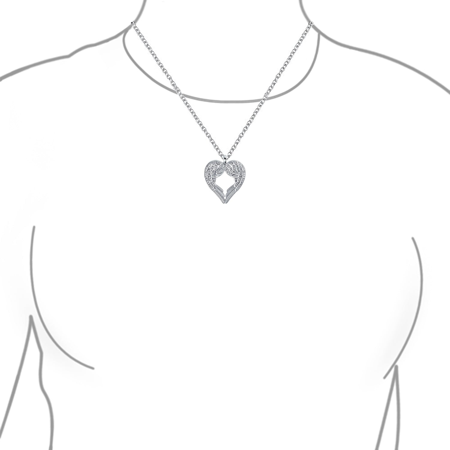 Pave Cubic Zirconia CZ Heart Kissing Angel Wing Pendant Necklace Sterling Silver