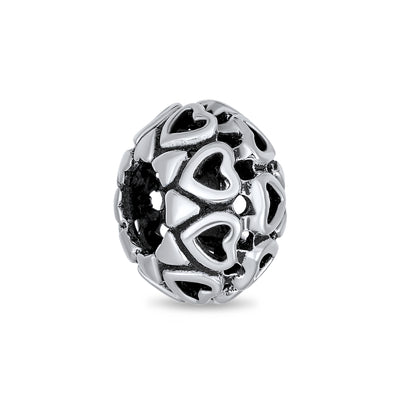 Set of 2 Latte Cup and Open Filigree Heart Charm Bead Oxidized Sterling Silver