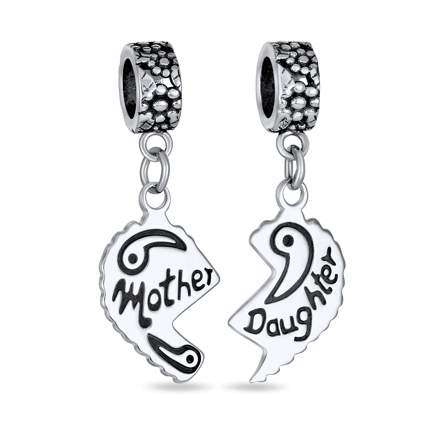 Sterling Silver Mother Daughter Puzzle 2 Piece Split Heart Sisters Bead Charm For Mom for Bracelet