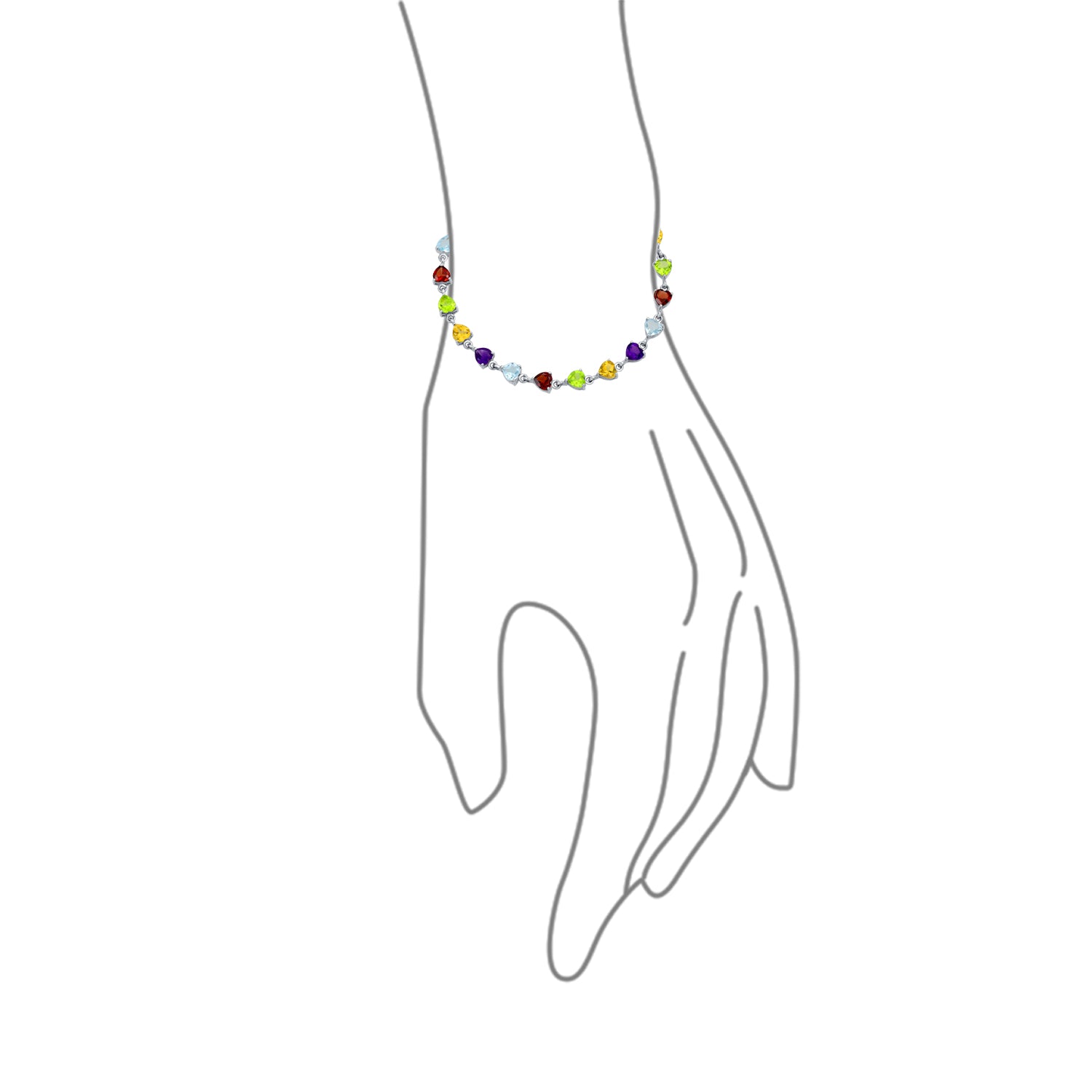 .925 Sterling Silver Natural Multi Gemstone Heart Tennis Bracelet Citrine Peridot Garnet Amethyst