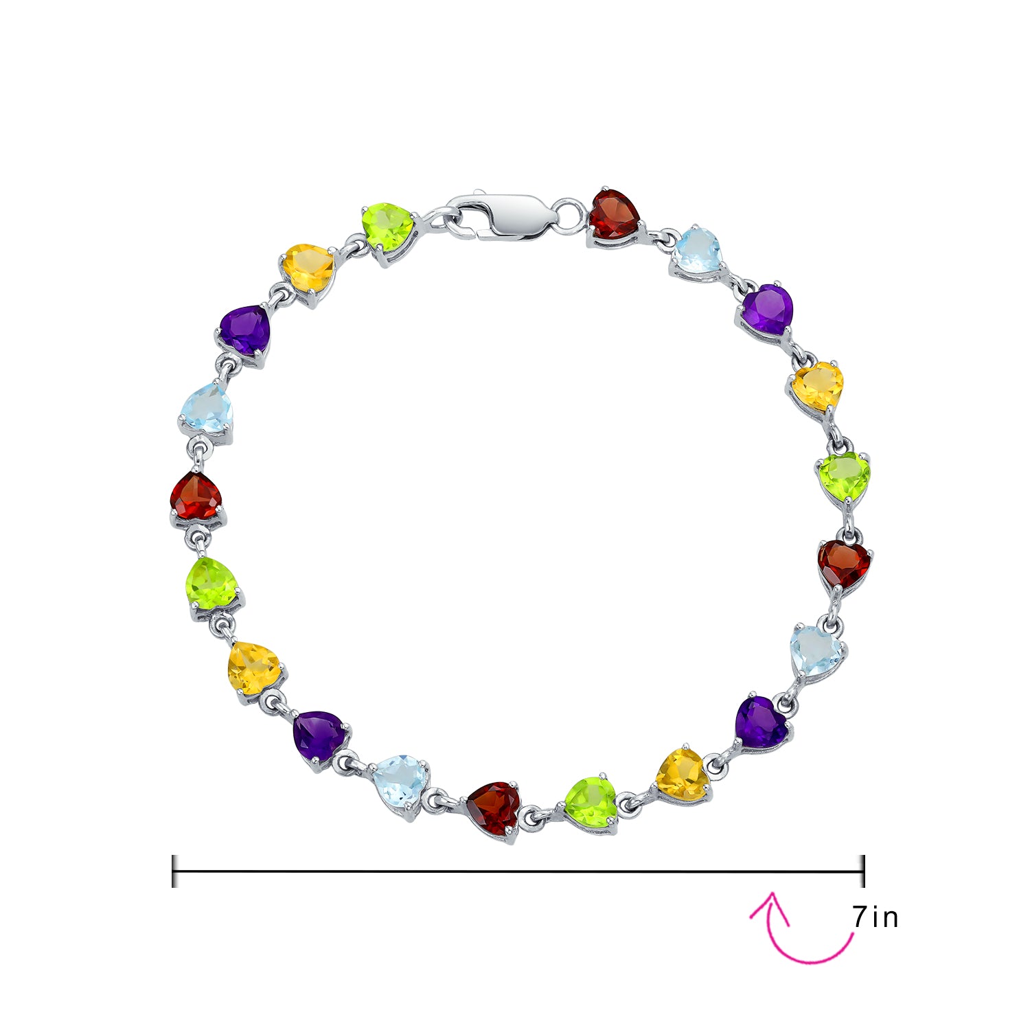.925 Sterling Silver Natural Multi Gemstone Heart Tennis Bracelet Citrine Peridot Garnet Amethyst